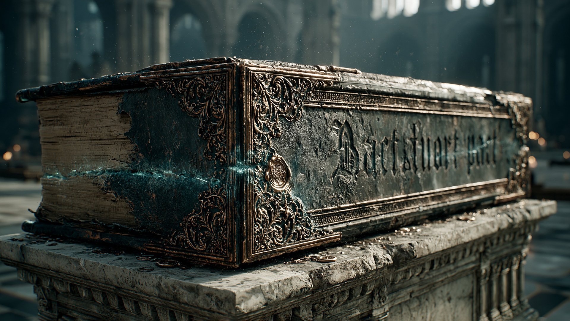 A massive ancient bronze-bound tome resting on a weathered stone pedestal in a vast dark vault, its cover edged with ornate bronze filigree and a wax seal, a faint seam of cyan energy glowing along its spine, symbolizing the binding terms of the realm.