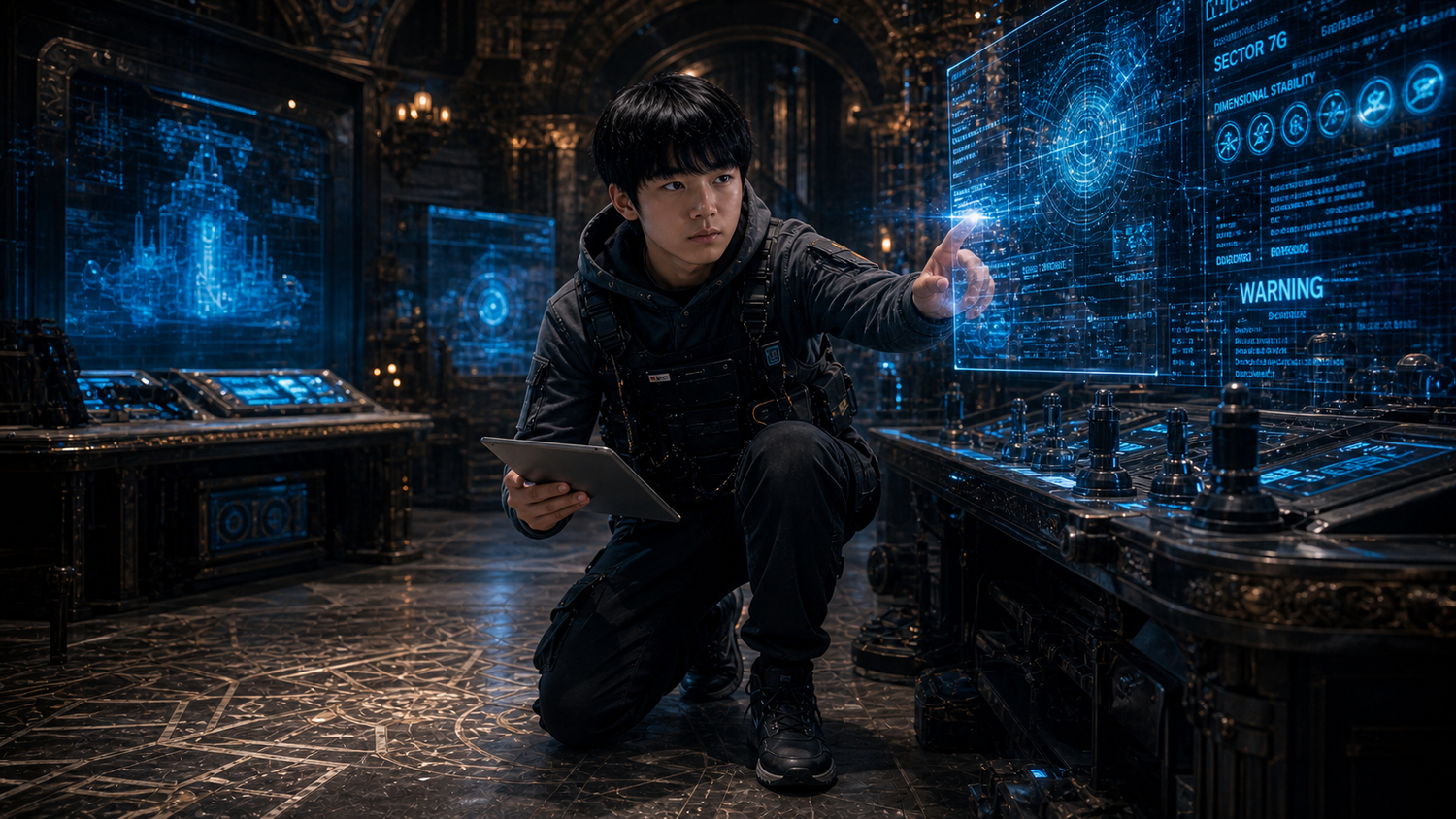 Noah Chen crouched before a wall of glowing blue holographic screens, a tablet in hand.
