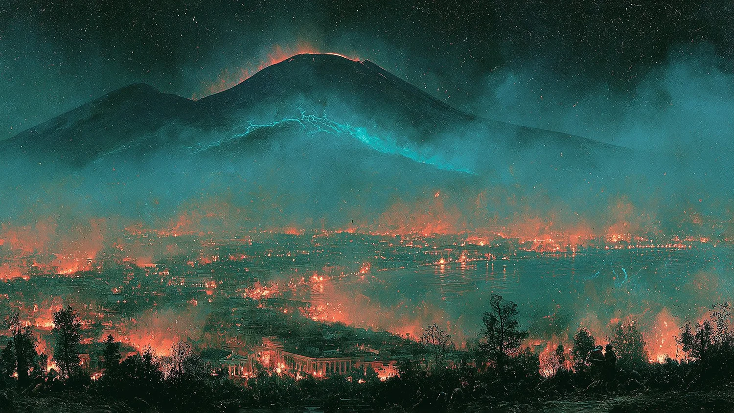 Vesuvius at night, a thread of cyan light along its flank above a sleeping coastal town.