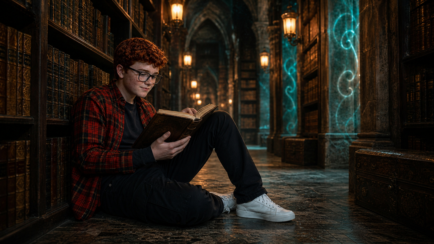 Aaron Mitchell sitting on the floor of a library aisle, reading among glowing shelves.