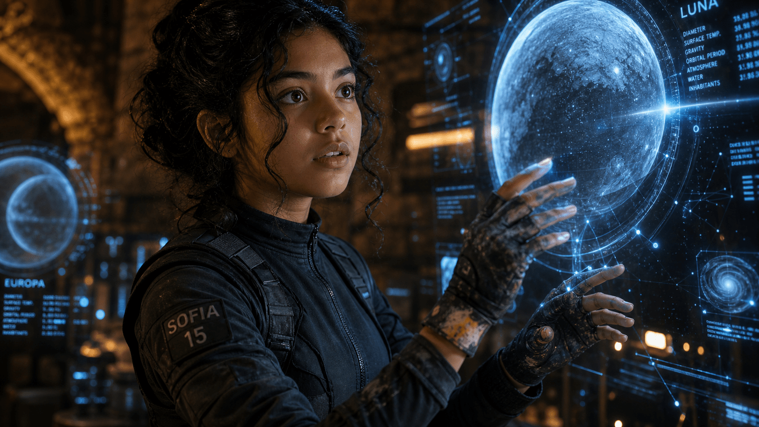 Sofia Alvarez reaching toward a glowing holographic orb interface.