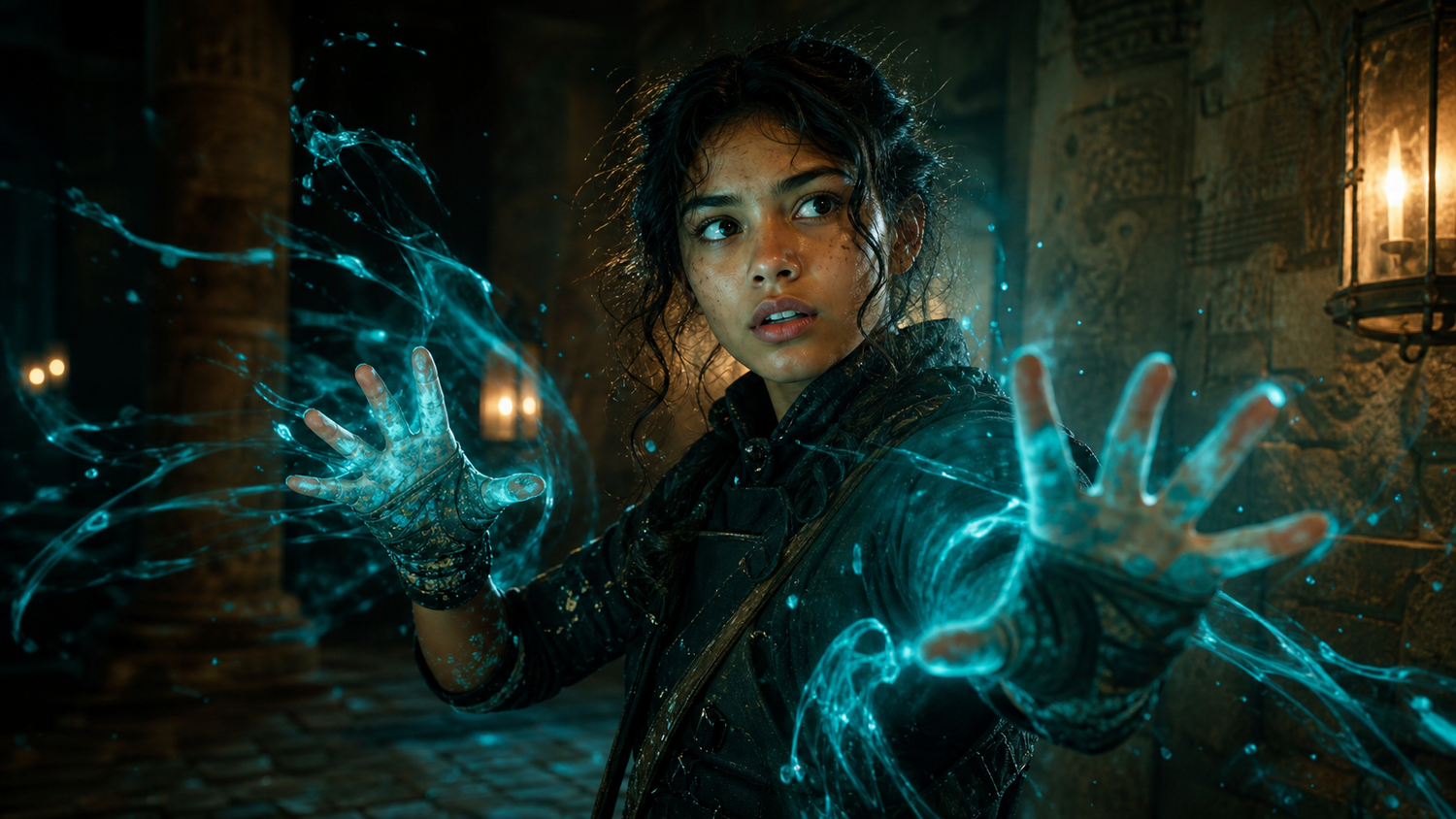 Sofia Alvarez channeling cyan energy between her outstretched hands.