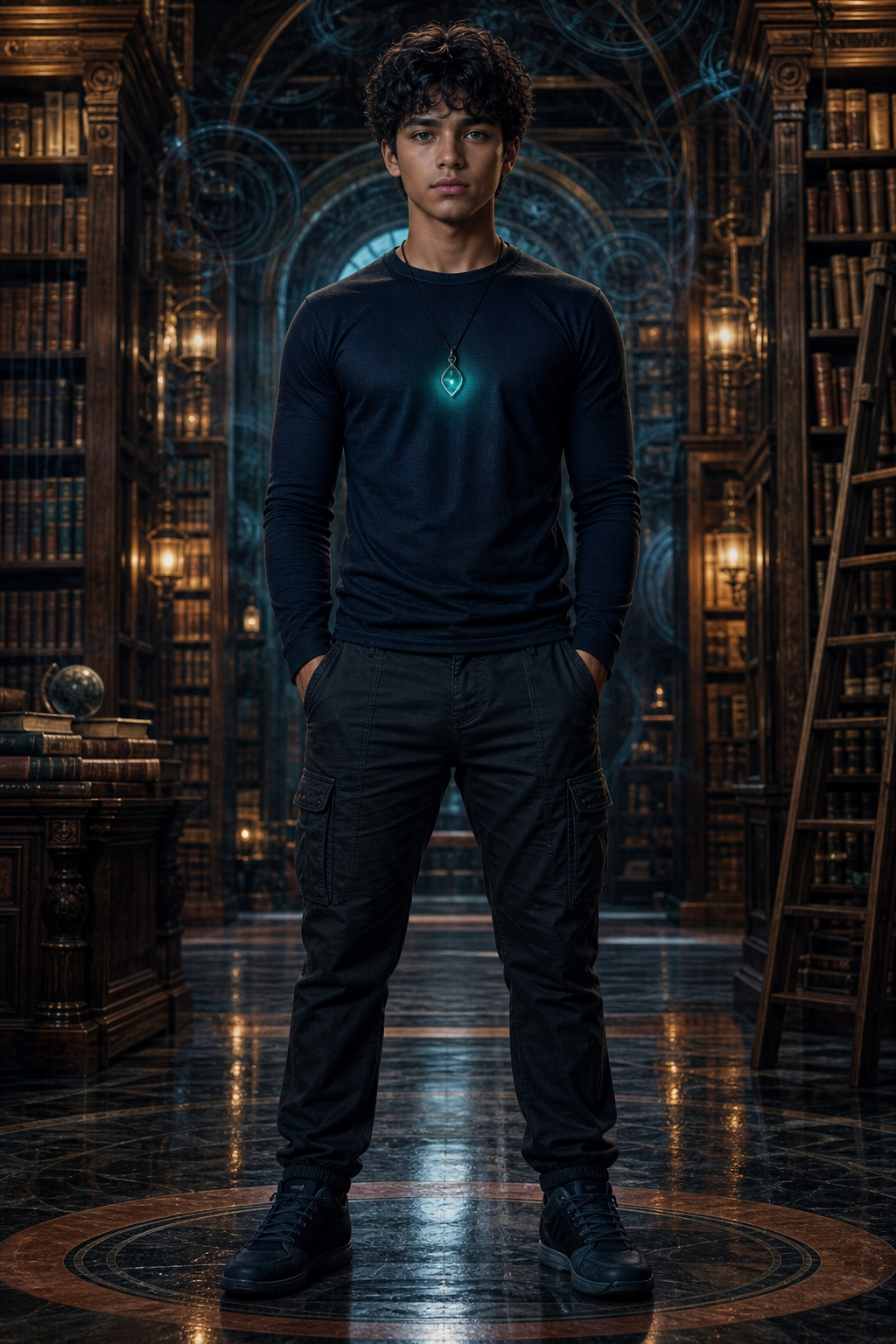Sam Rivera standing in a vast ancient library on a glowing sigil, a cyan pendant at his chest.