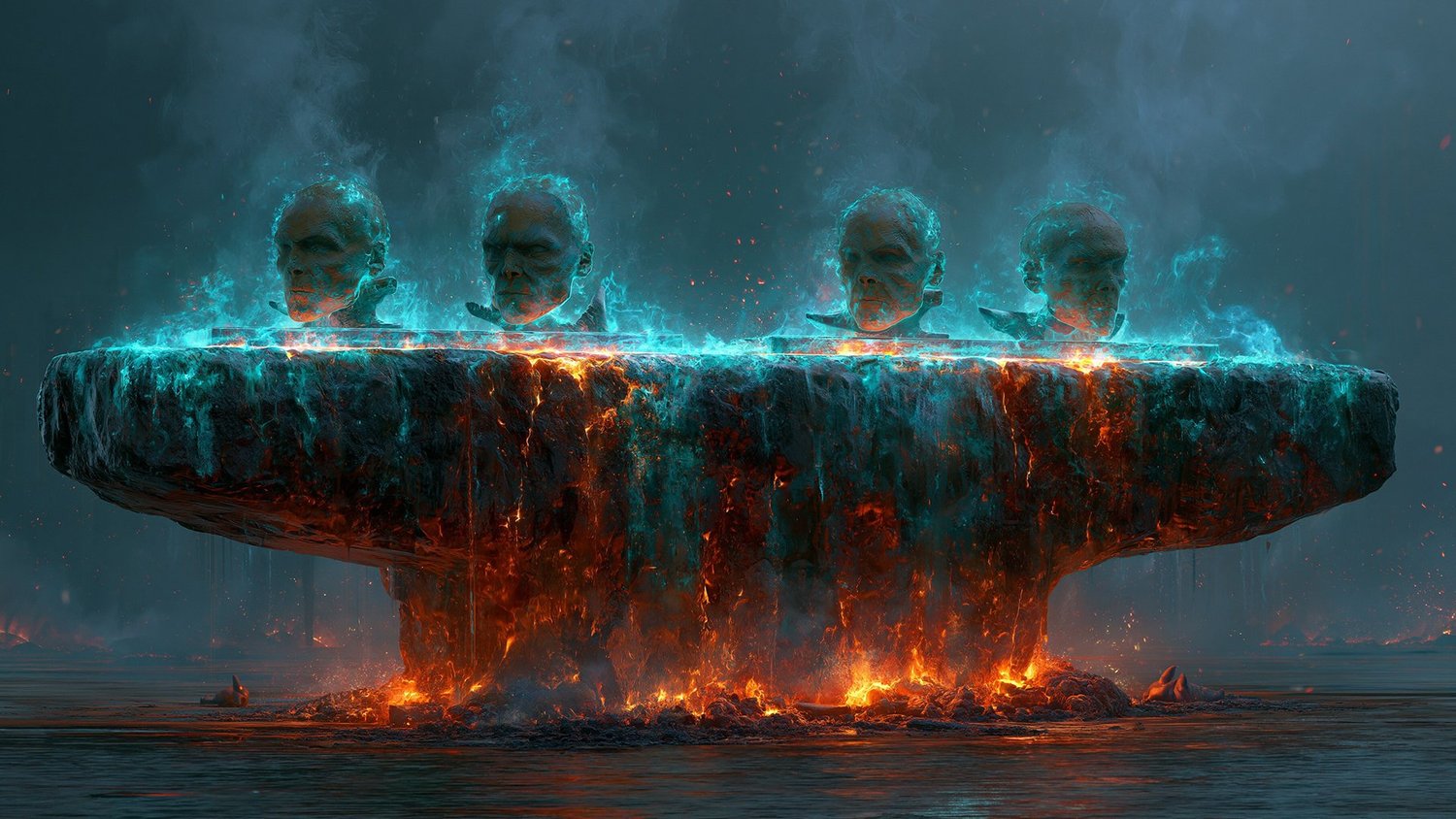 Four featureless faces forged in cyan flame above a burning anvil inside the Forge.