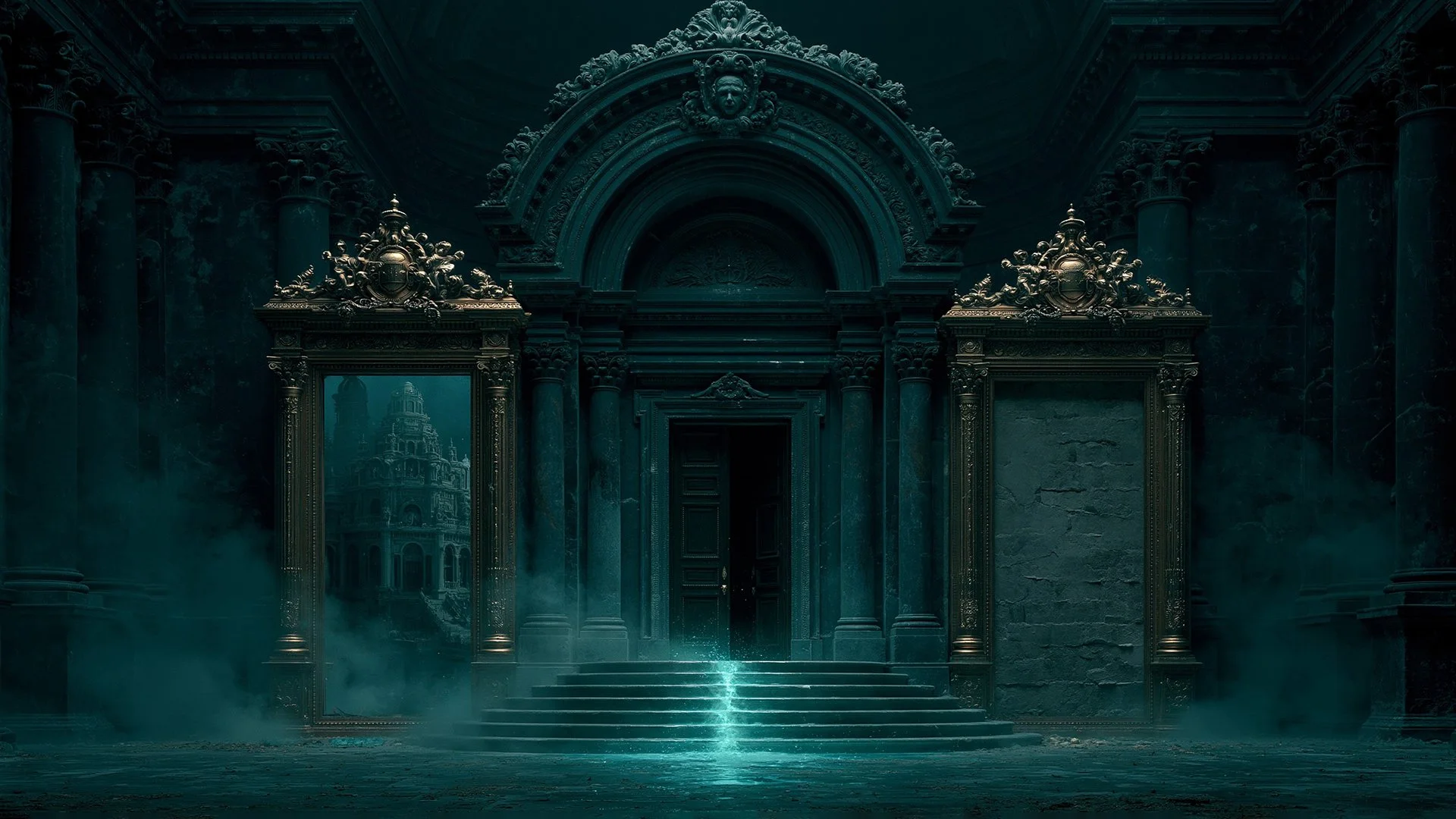 A grand dark vault with two ornate bronze-framed mirrors flanking a central archway: the left mirror reflects an impossible fantastical palace, the right holds only plain weathered stone, a seam of cyan energy glowing up from the floor between them, symbolizing the boundary between fiction and real history.
