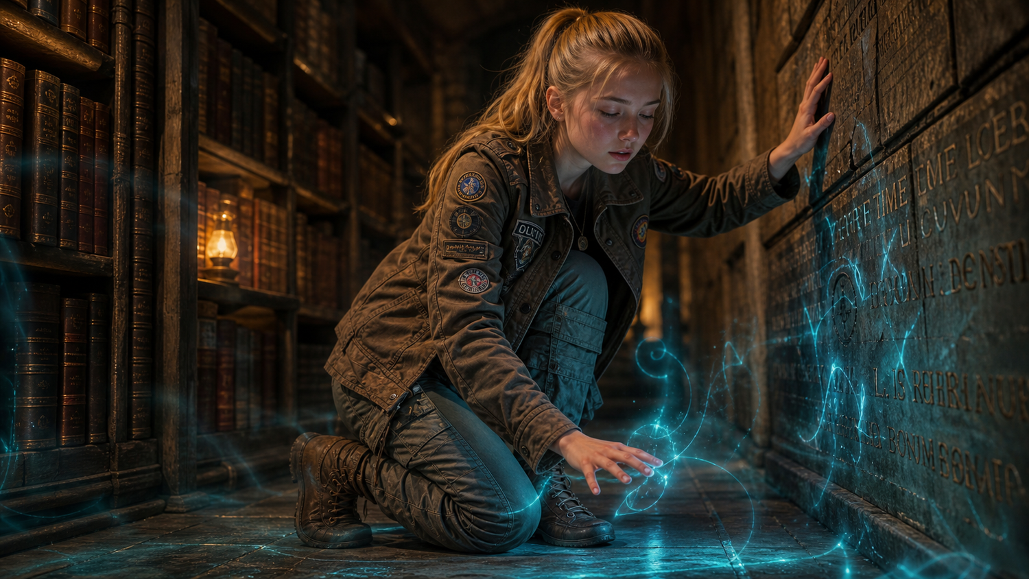 Lily Robertson kneeling to touch a glowing wall of runes in a library.