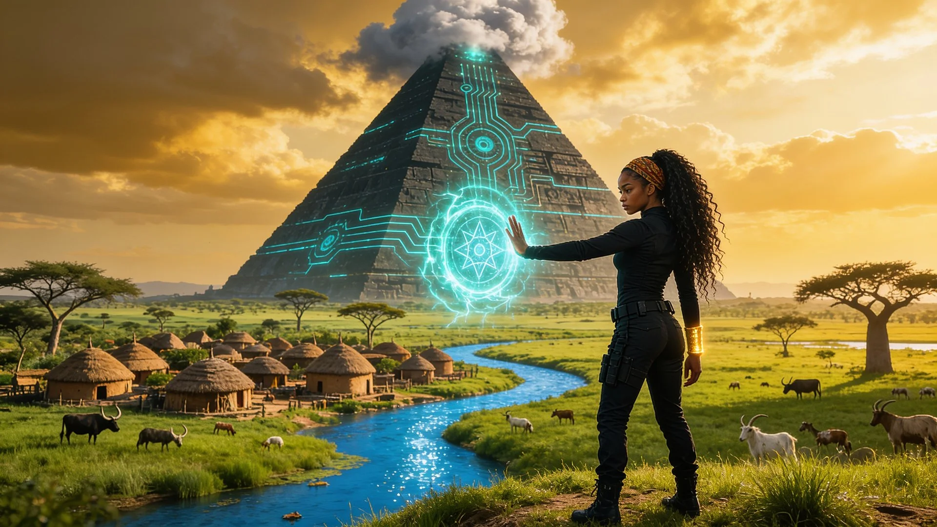 Leila Washington touching a glowing cyan ring of energy at golden hour, a vast cyan-glyph pyramid and a savanna village behind her.