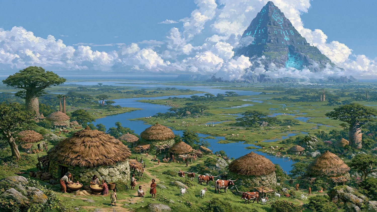 A lush Green Sahara of wetlands, baobab trees and a thatched-hut village, a glowing cyan-glyph pyramid in the misty distance.
