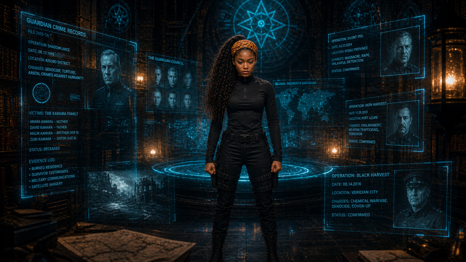 Leila Washington on a glowing platform surrounded by floating holographic records.