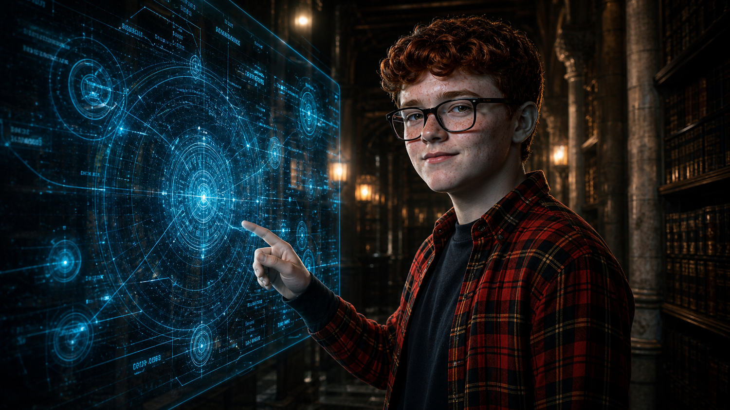 Aaron Mitchell smiling as he touches a glowing holographic interface in the library.