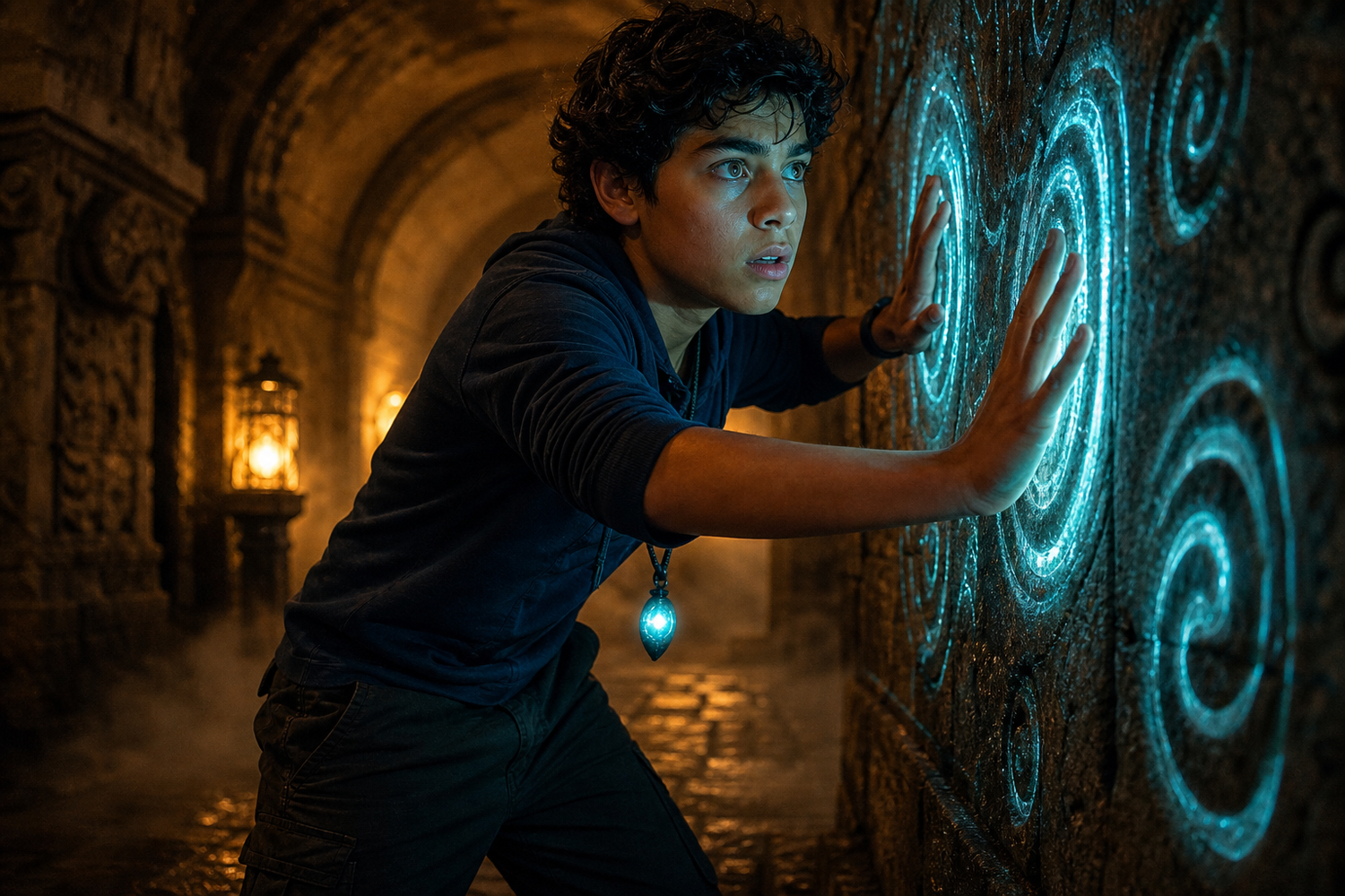 Sam Rivera pressing his hand to a stone wall alight with glowing cyan spirals.