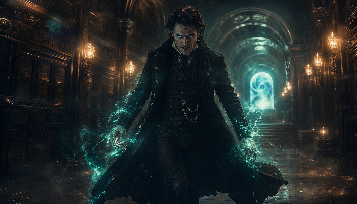 Cornelius Whitmore, a tall figure in a dark Victorian coat, before a glowing portal in a vaulted corridor.