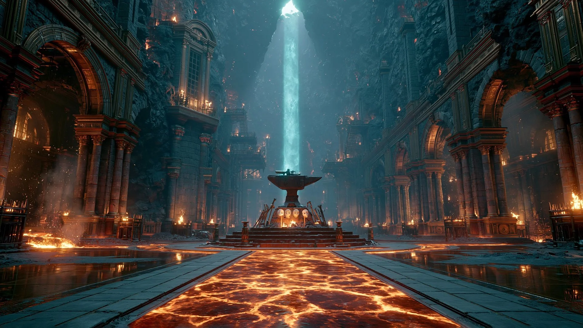 A vast volcanic forge cavern of Roman columns lit by a falling shaft of cyan energy, with rivers of molten lava across the floor.