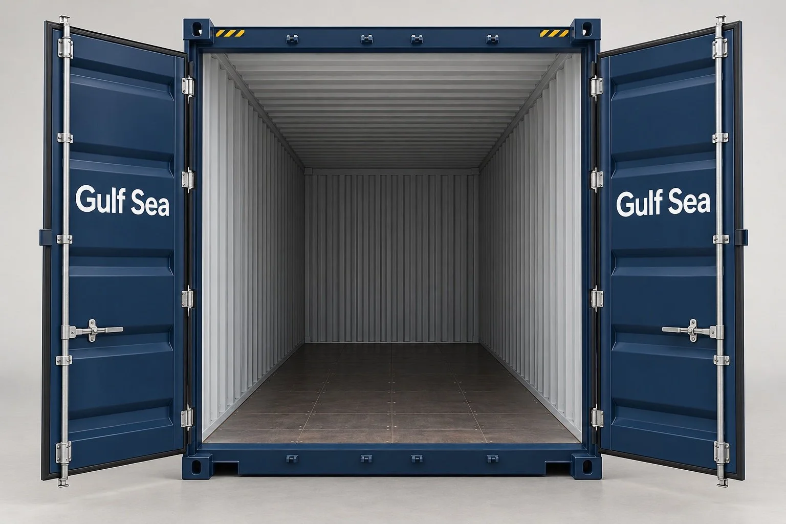 Gulf Sea yazılı 40′ HC konteynerin kapı açıklığını karşıdan gösteren temsili görsel.