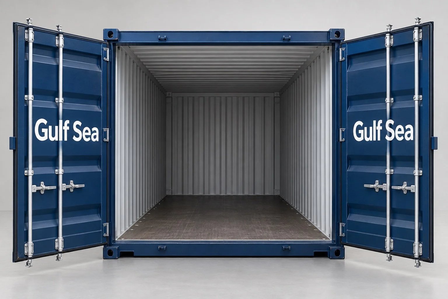 Gulf Sea yazılı 20′ GP konteynerin kapı açıklığını karşıdan gösteren temsili görsel.
