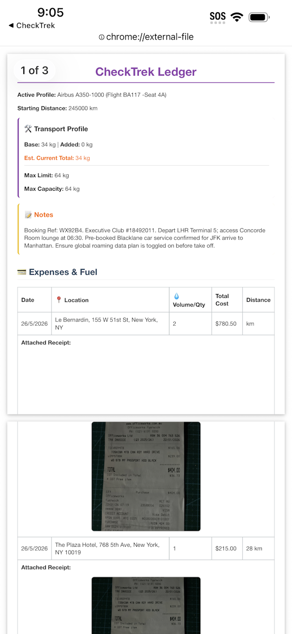 CheckTrek PDF Export Preview