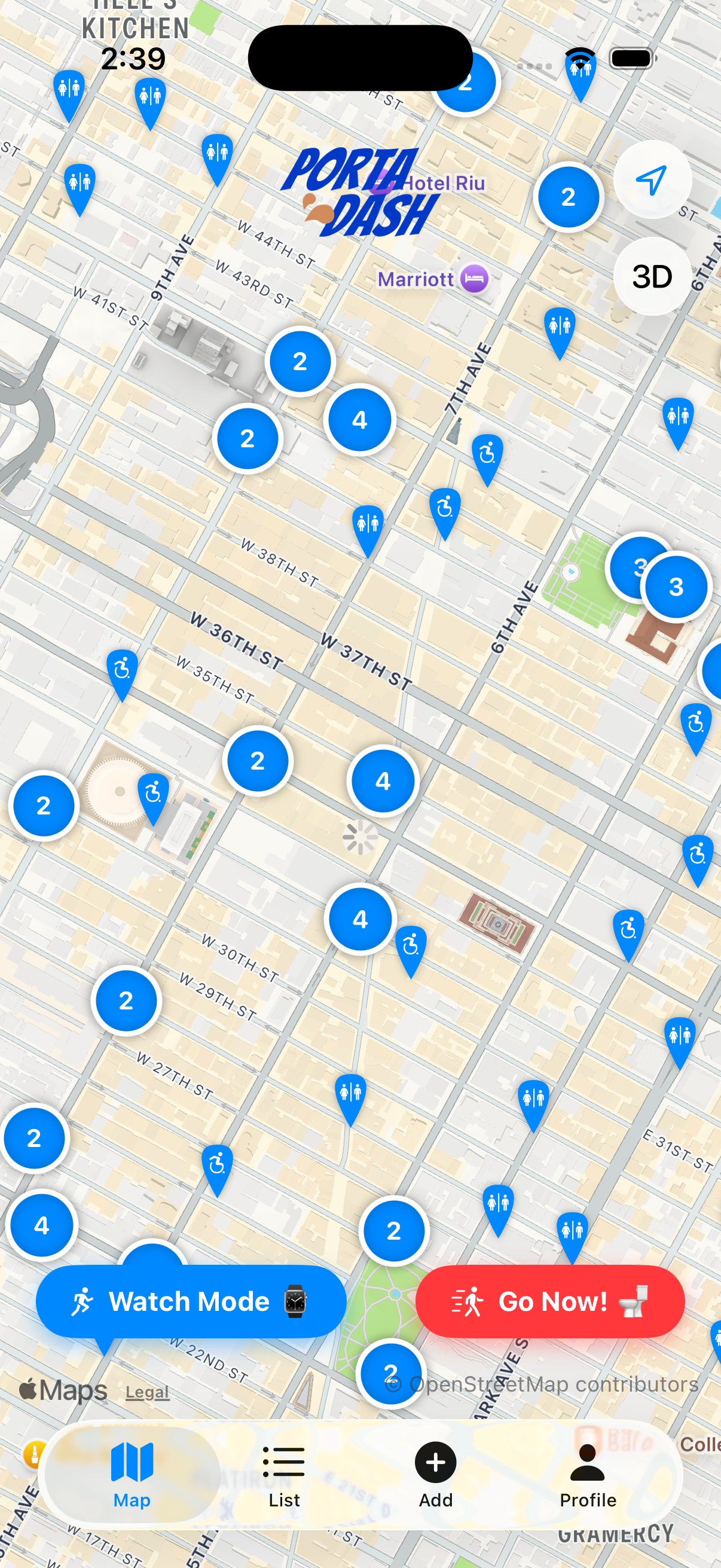 PortaDash restroom map with many nearby pins