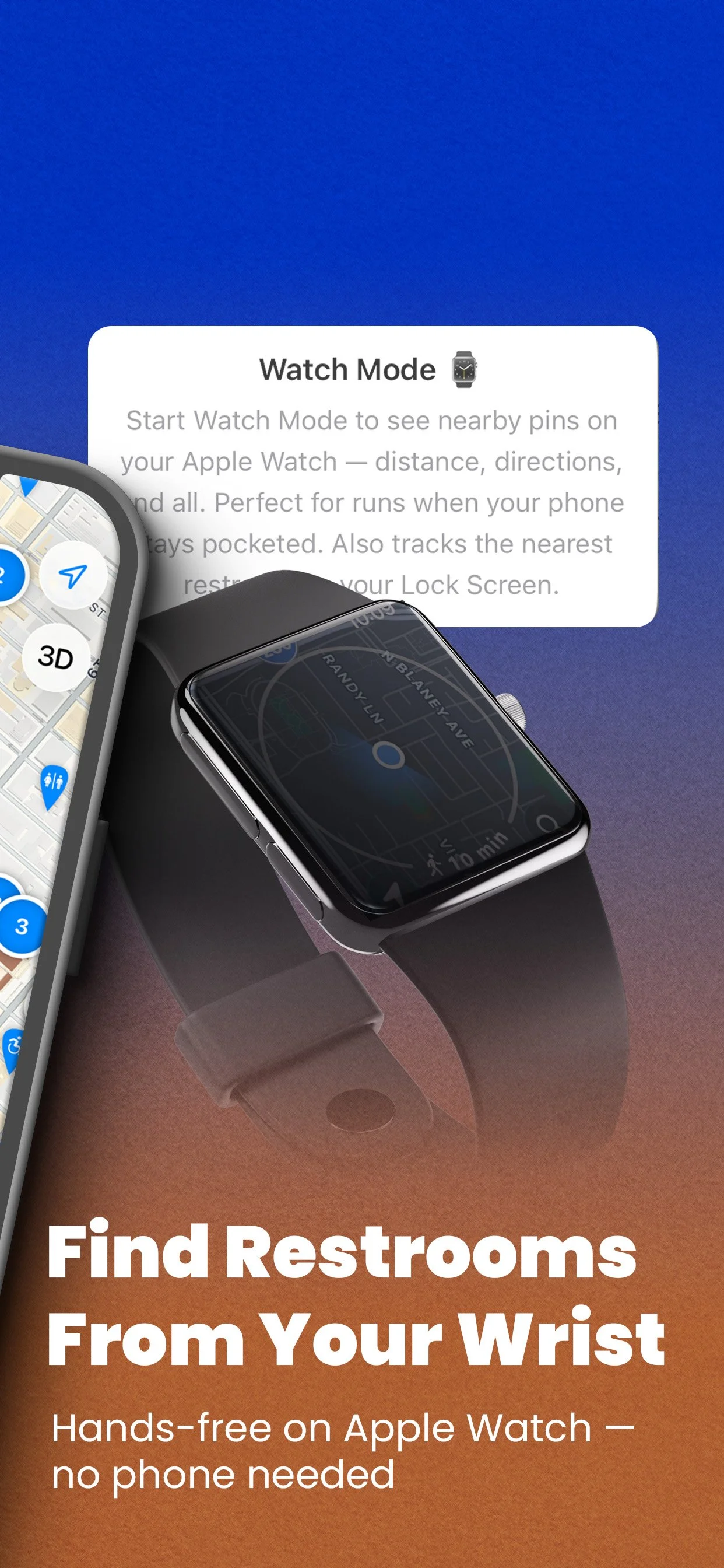 PortaDash Watch Mode screen with Apple Watch directions and nearby pins