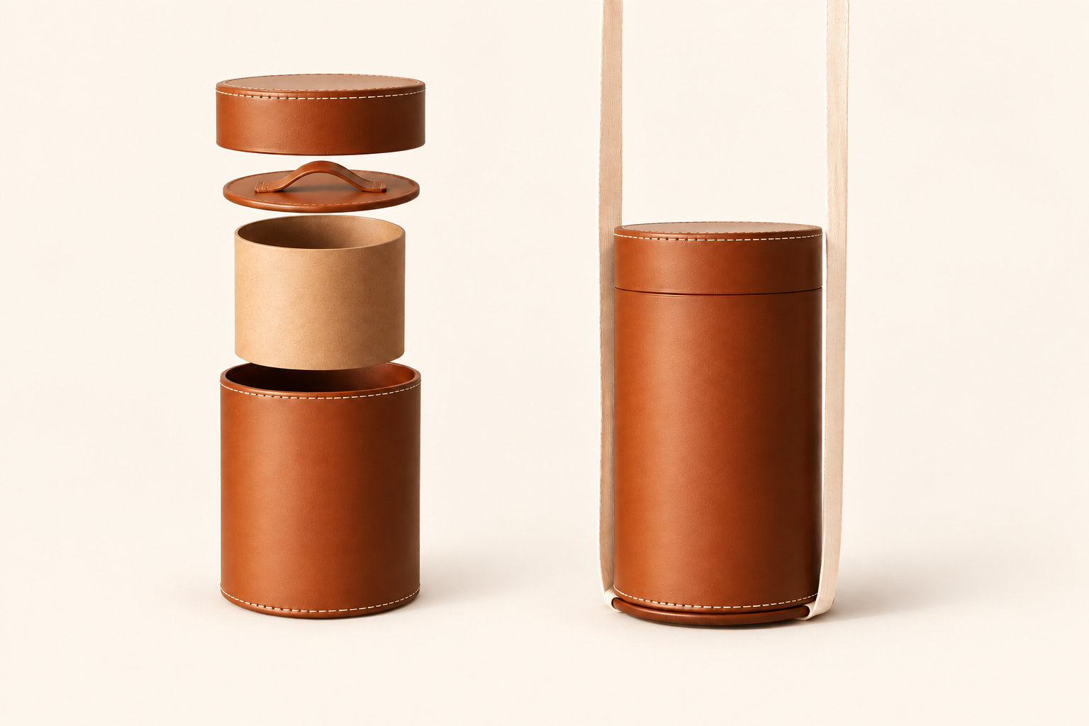RQVM urn construction with outer lid, inner lid and paper liner, beside the assembled urn with long lowering straps