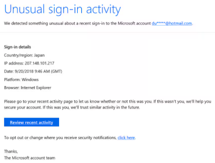 Sample phishing simulation alerting a user to unusual account activity