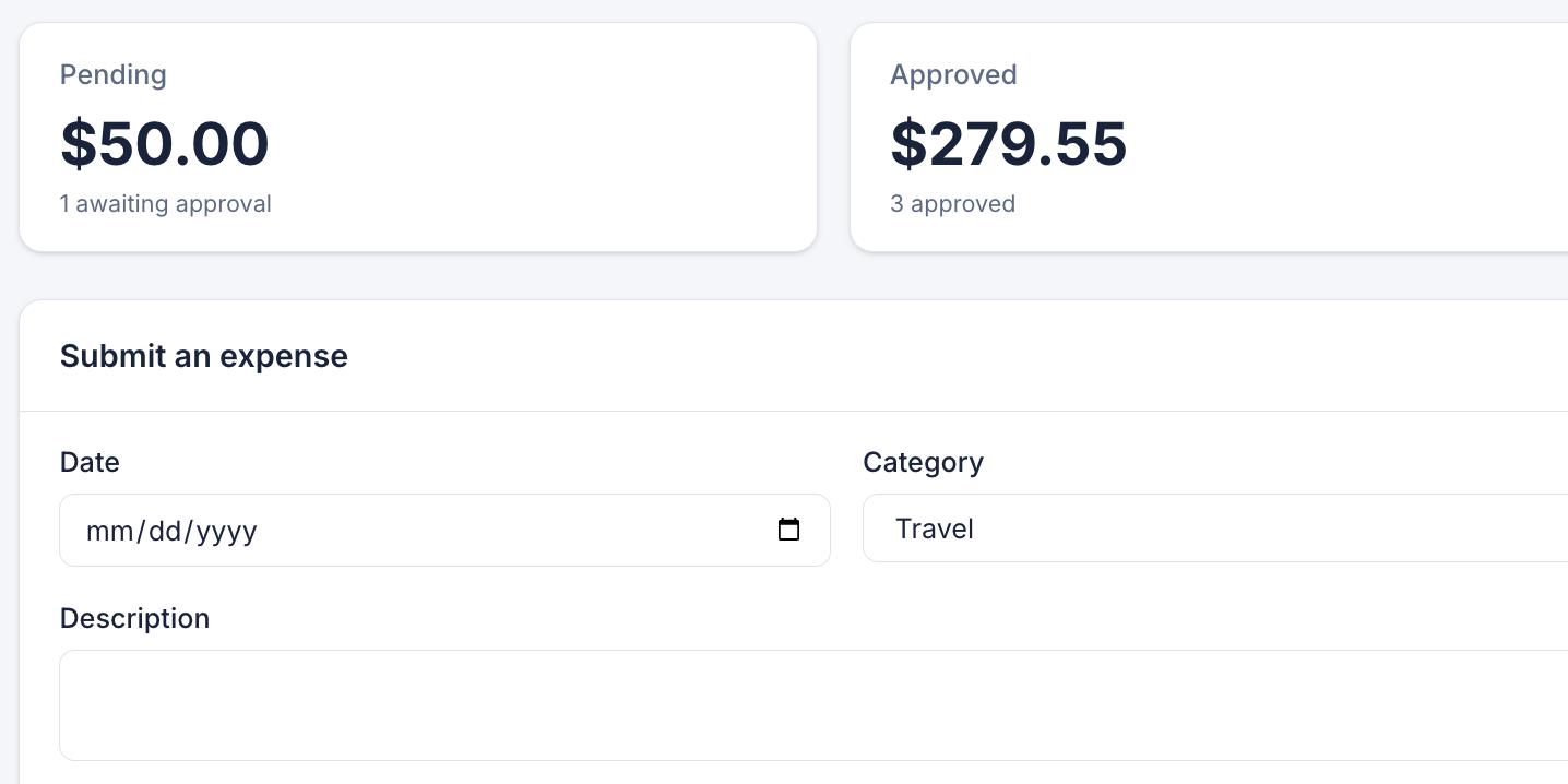 Rekord expenses page showing pending and approved expense totals