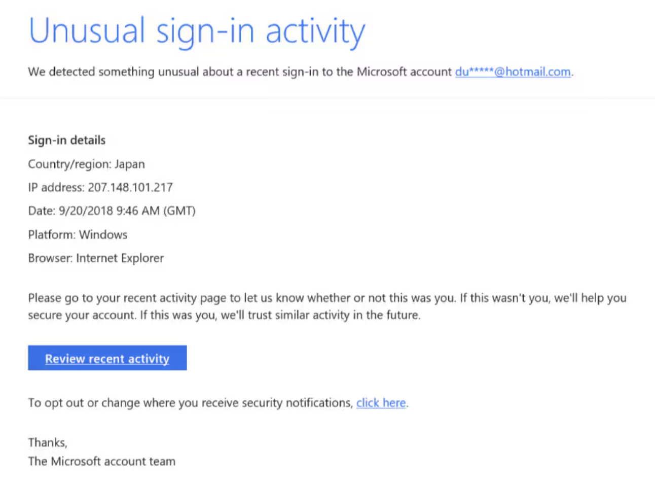 Sample phishing simulation email impersonating a Microsoft login prompt