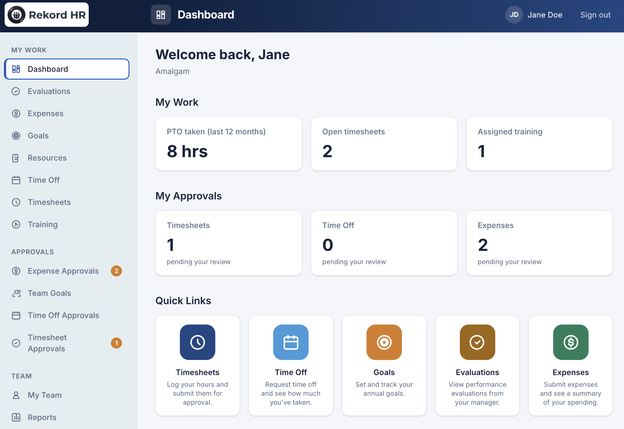 Rekord dashboard showing PTO balance, open timesheets, and quick links to timesheets, time off, goals, evaluations, and expenses