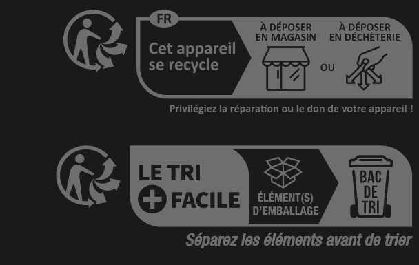 Triman et Info-tri : cet appareil se recycle, à déposer en magasin ou en déchèterie ; emballage : séparez les éléments avant de trier