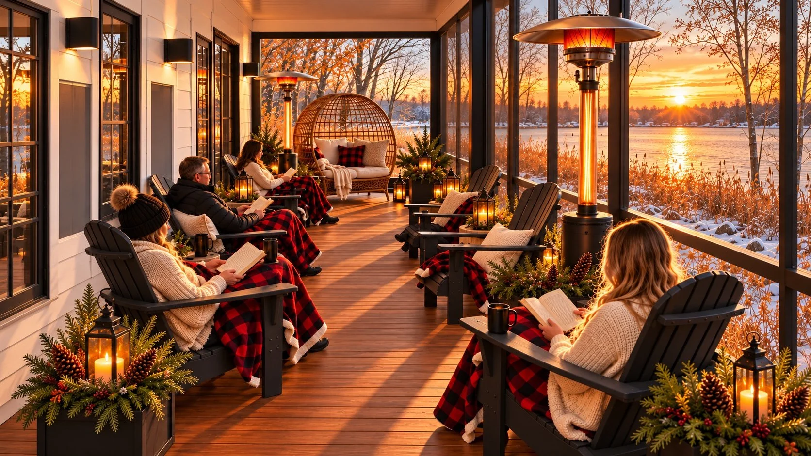 Readers in Adirondack chairs with red-and-black blankets on BeachRiver’s screened patio, overlooking the river.