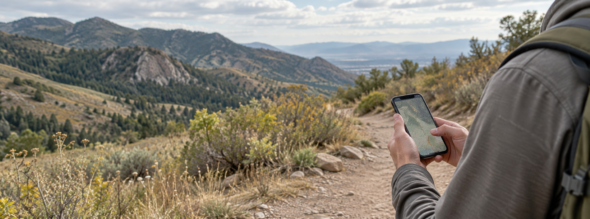 Hiker checking a digital trail map on a smartphone in mountain terrain