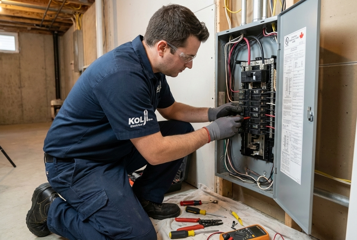 Circuit breaker replacement and repair service in Hamilton - licensed electrician working on electrical panel