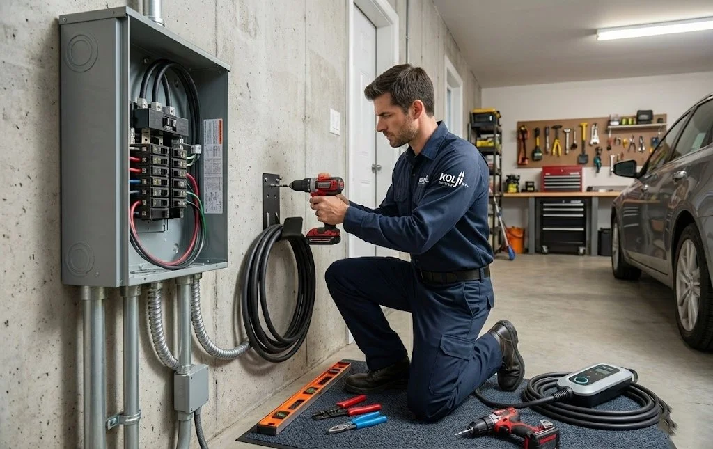 Electrician installing EV charger mounting bracket Hamilton