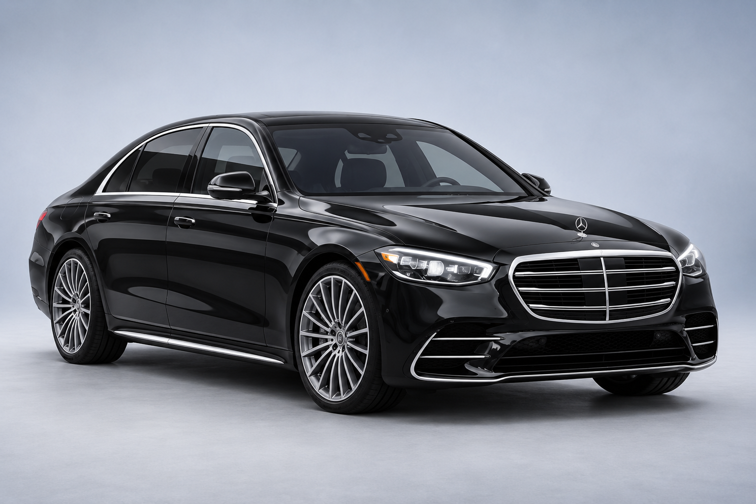 Illustrative studio image of a black Mercedes-Benz S-Class; AI-edited from photography.