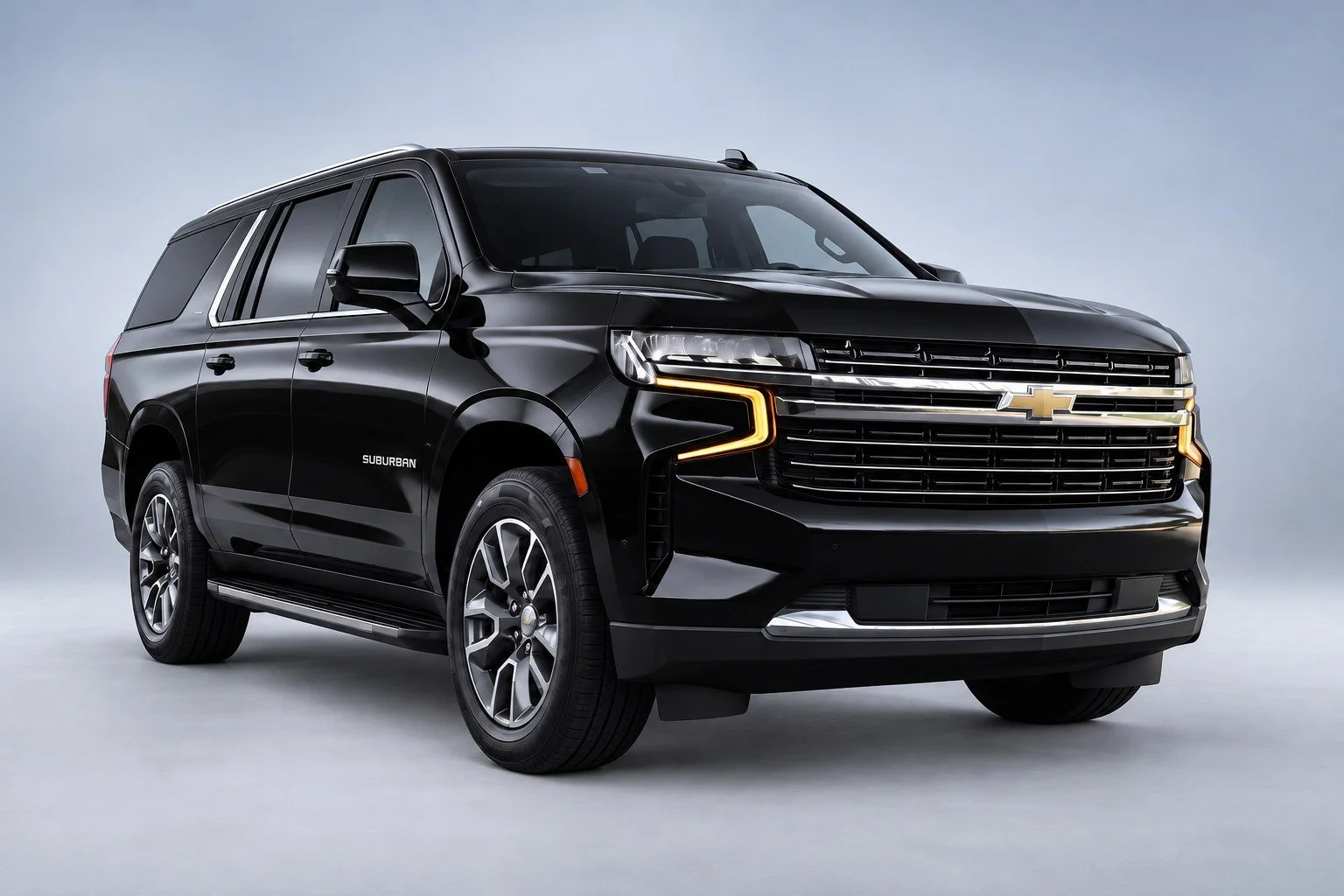Illustrative studio image of a black Chevrolet Suburban; AI-edited from photography.