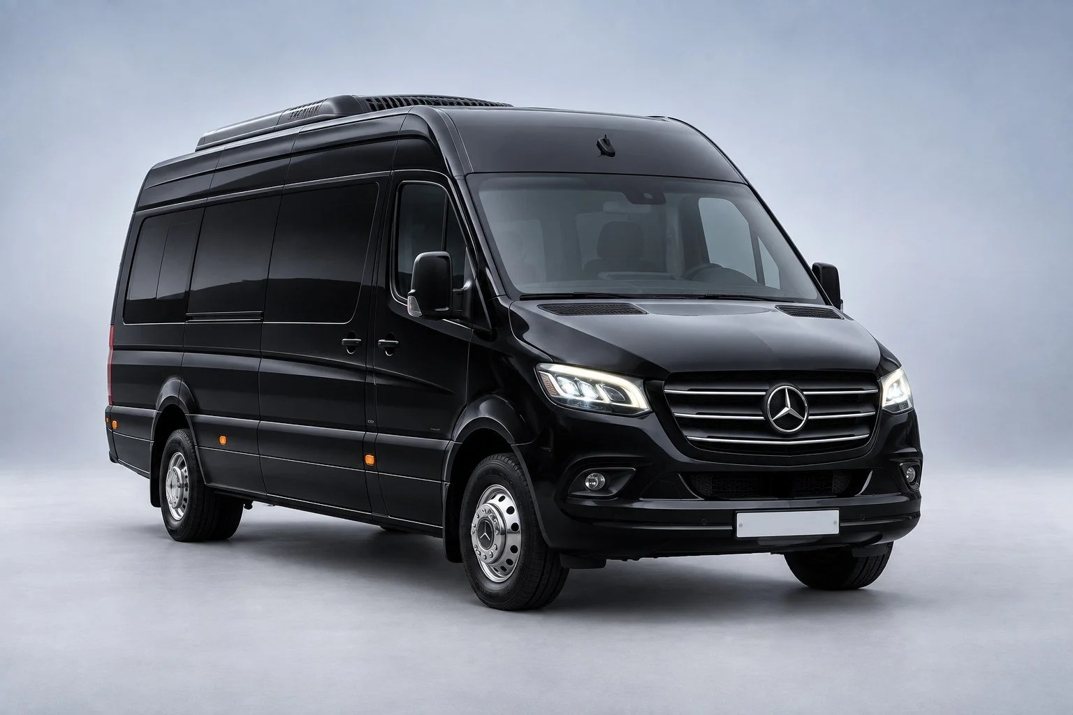 Illustrative studio image of a black Mercedes-Benz Sprinter; AI-edited from photography.