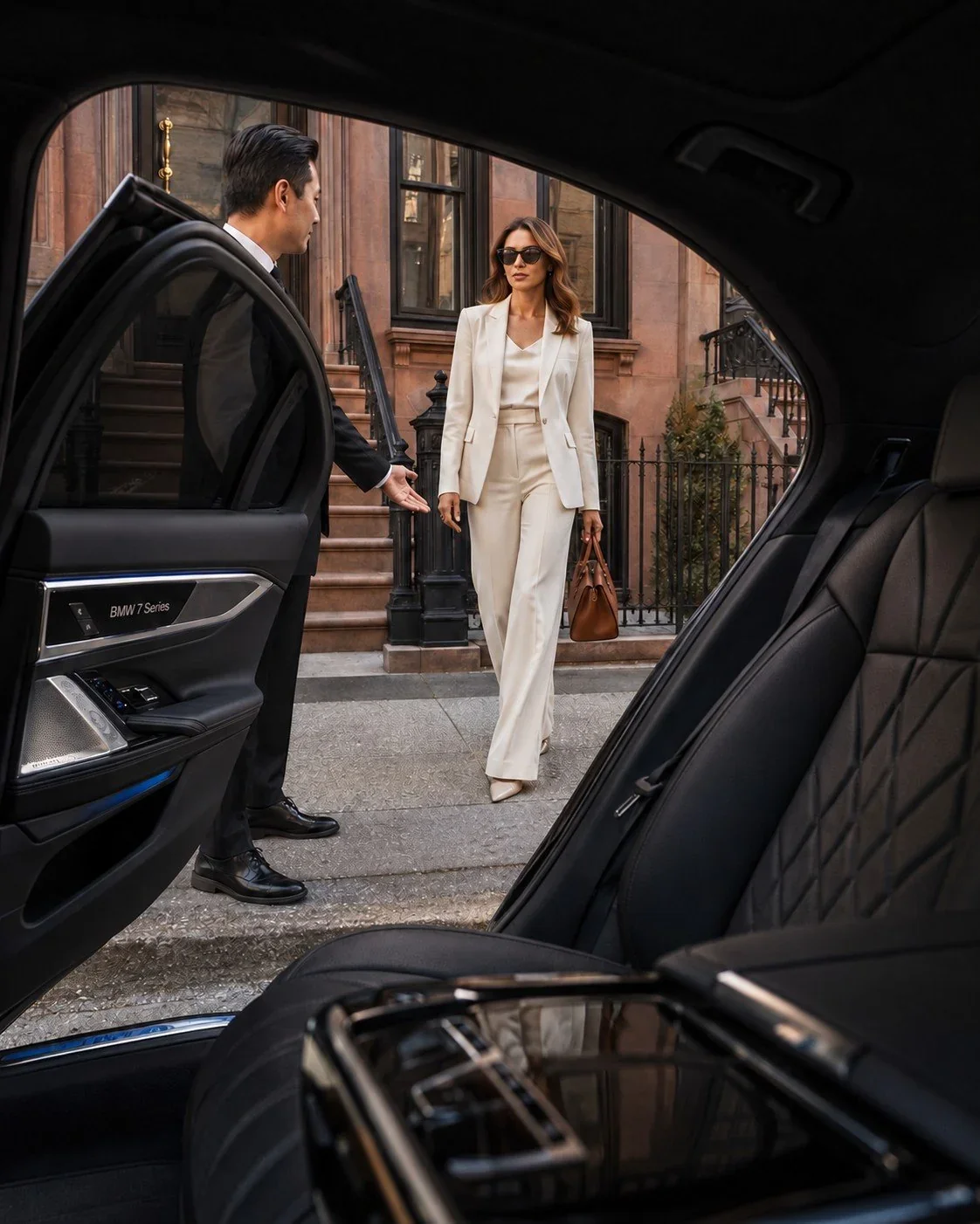Illustrative scene of a chauffeur welcoming a passenger to a luxury sedan
