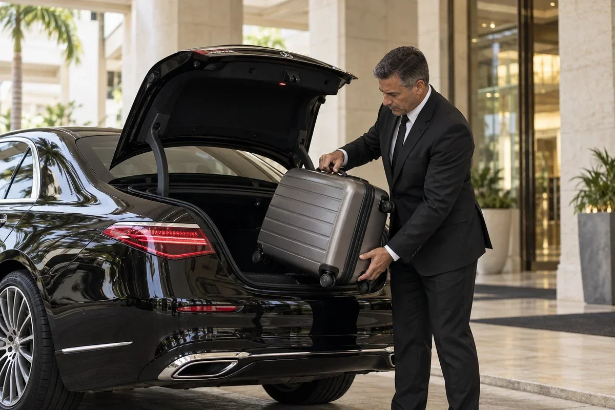 Illustrative chauffeur helping a traveler with luggage beside a black Mercedes-Benz