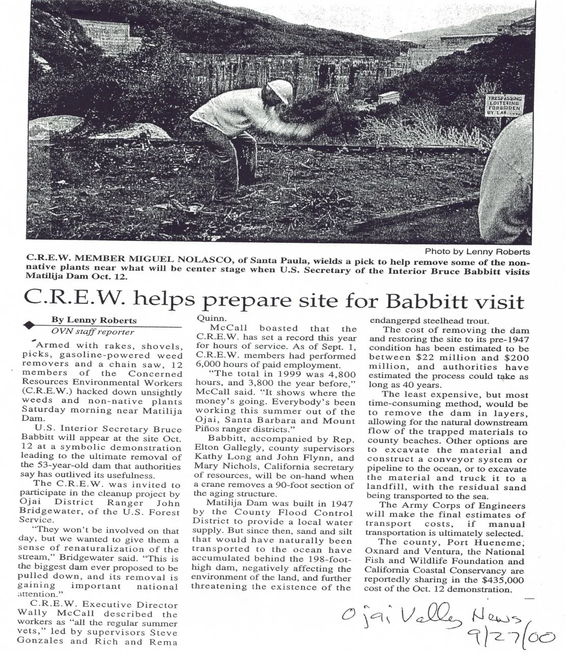 Ojai Valley News clipping, September 27, 2000: a C.R.E.W. member clearing non-native plants near Matilija Dam
