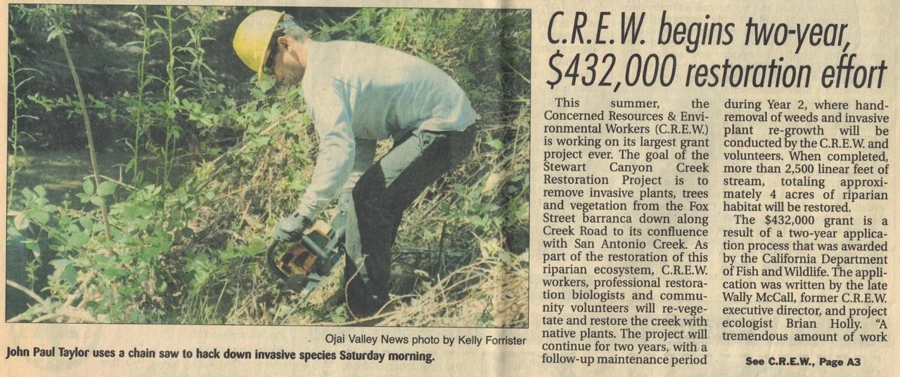 Ojai Valley News clipping, July 23, 2014: a C.R.E.W. worker cutting invasive plants with a chain saw in Stewart Canyon Creek