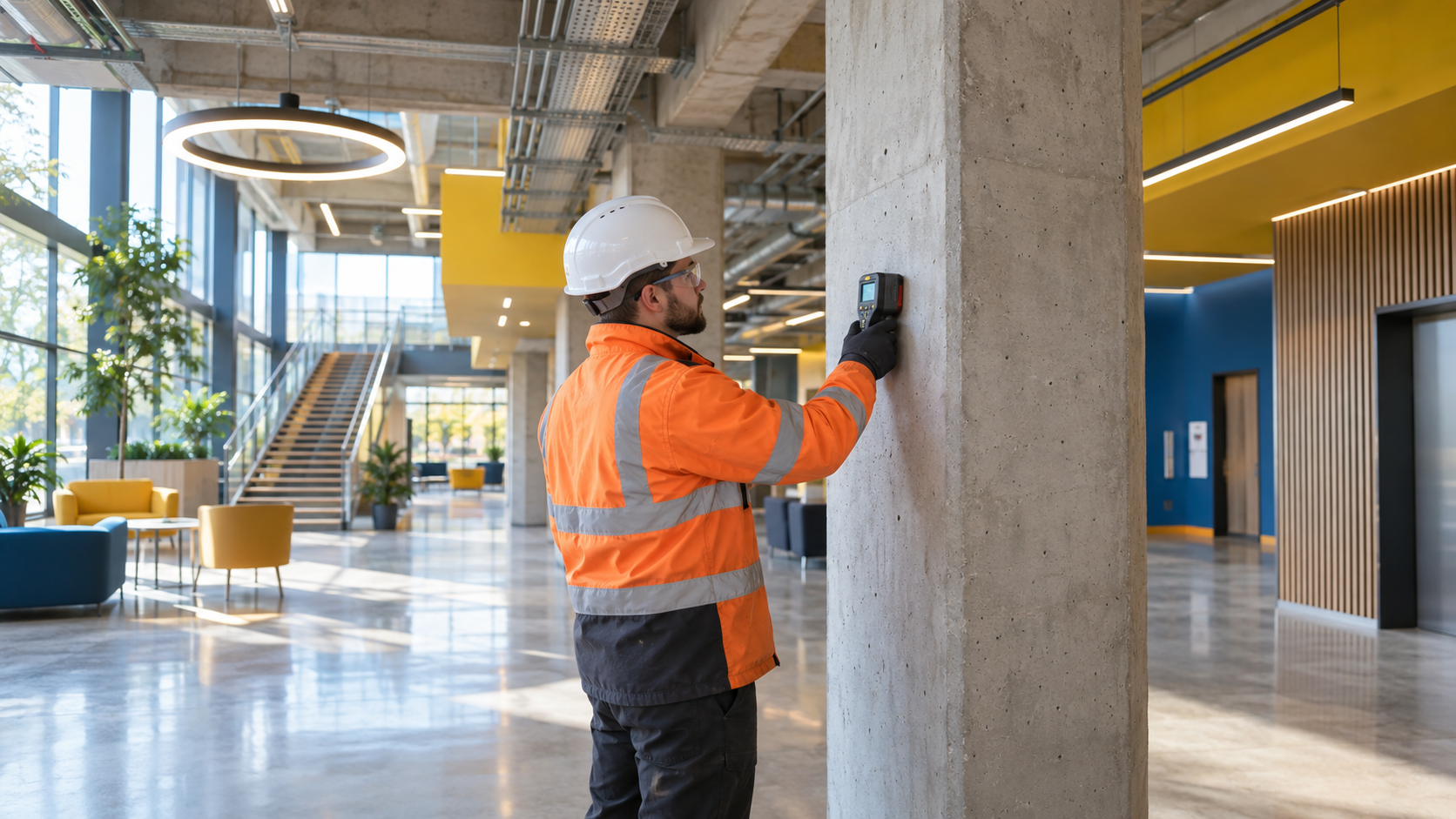 JPSI engineer investigating a concrete column inside a building