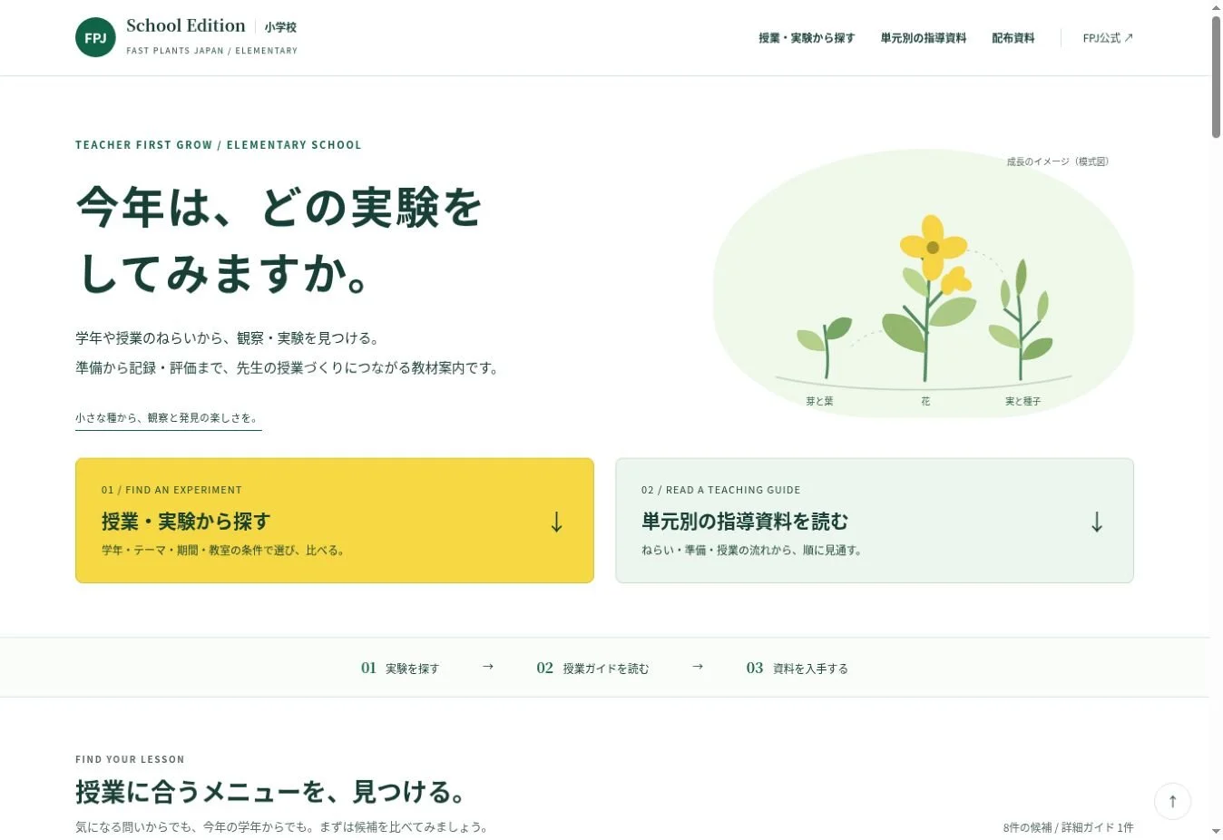 FPJ小学校版のトップ画面。『今年は、どの実験をしてみますか。』と観察・実験の入口。