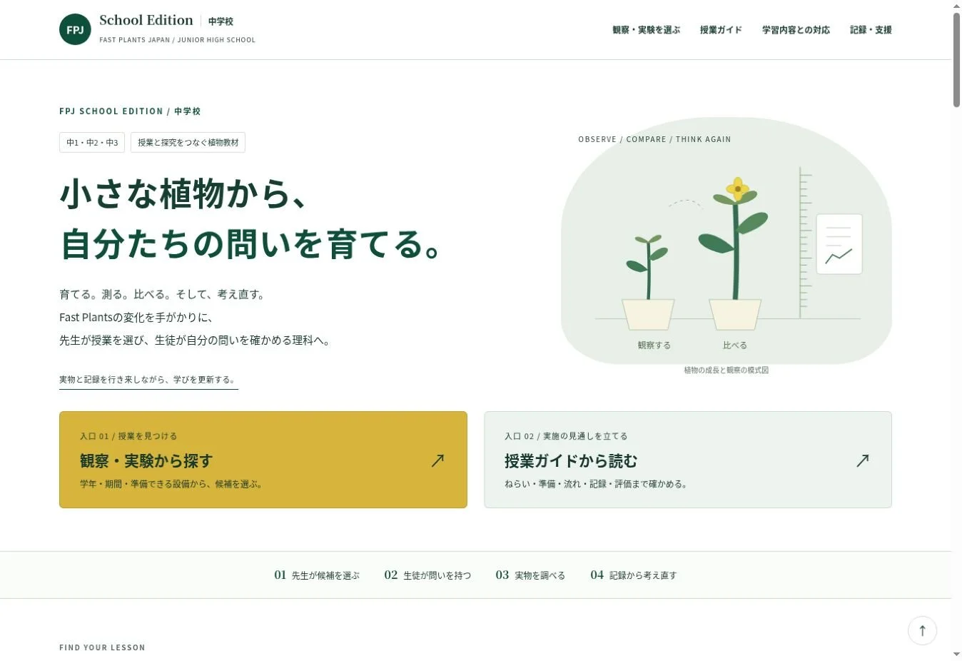 FPJ中学校版のトップ画面。『小さな植物から、自分たちの問いを育てる。』と授業を選ぶ入口。