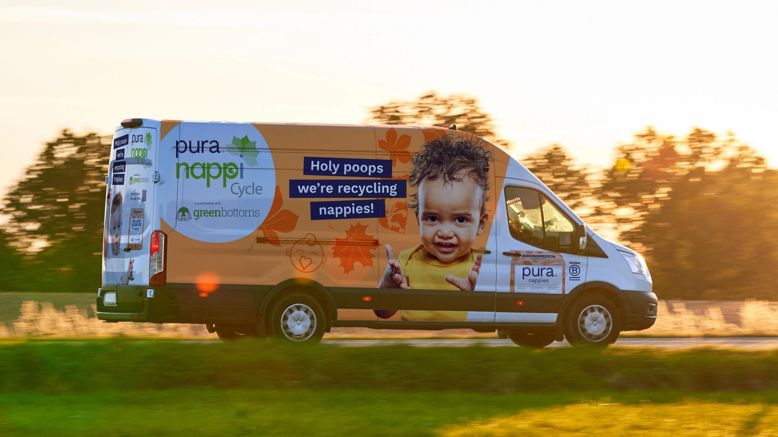 Pura-branded van with portrait graphics at sunset.