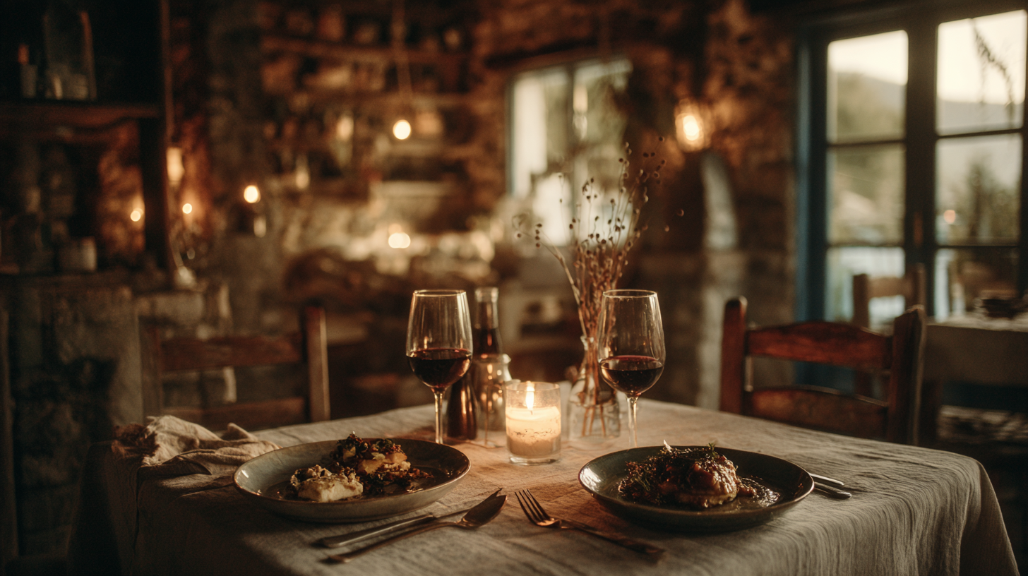 A candlelit table set for two in a warm, wood-paneled dining room