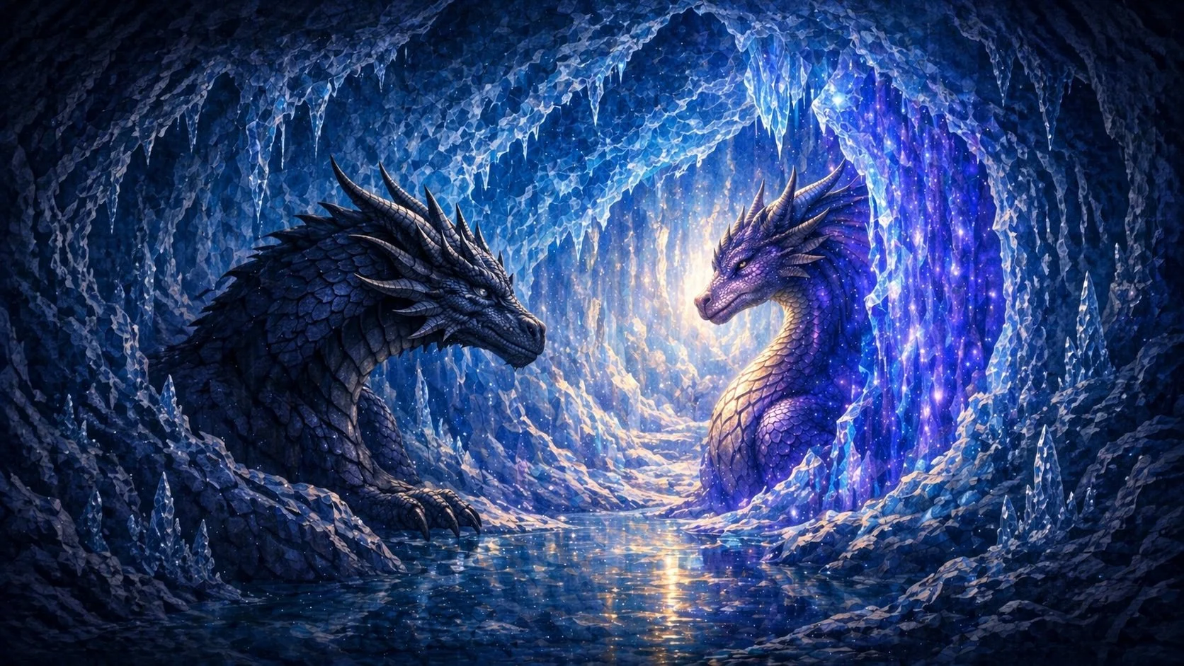 The Weatherdragon discovering Evenfall frozen in ancient blue ice within a glacier cavern