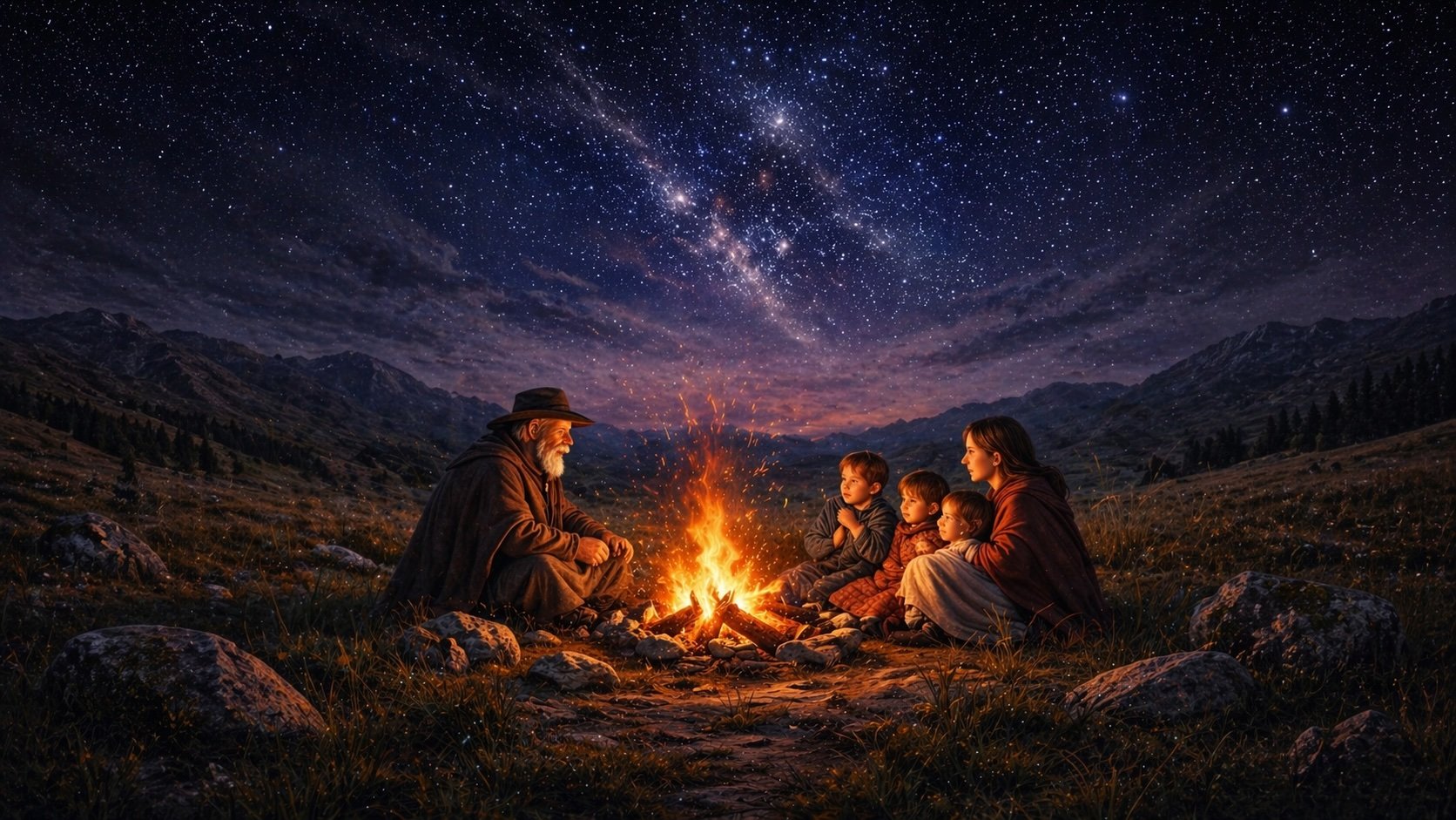 A family gathered around a campfire on the prairie hills at night