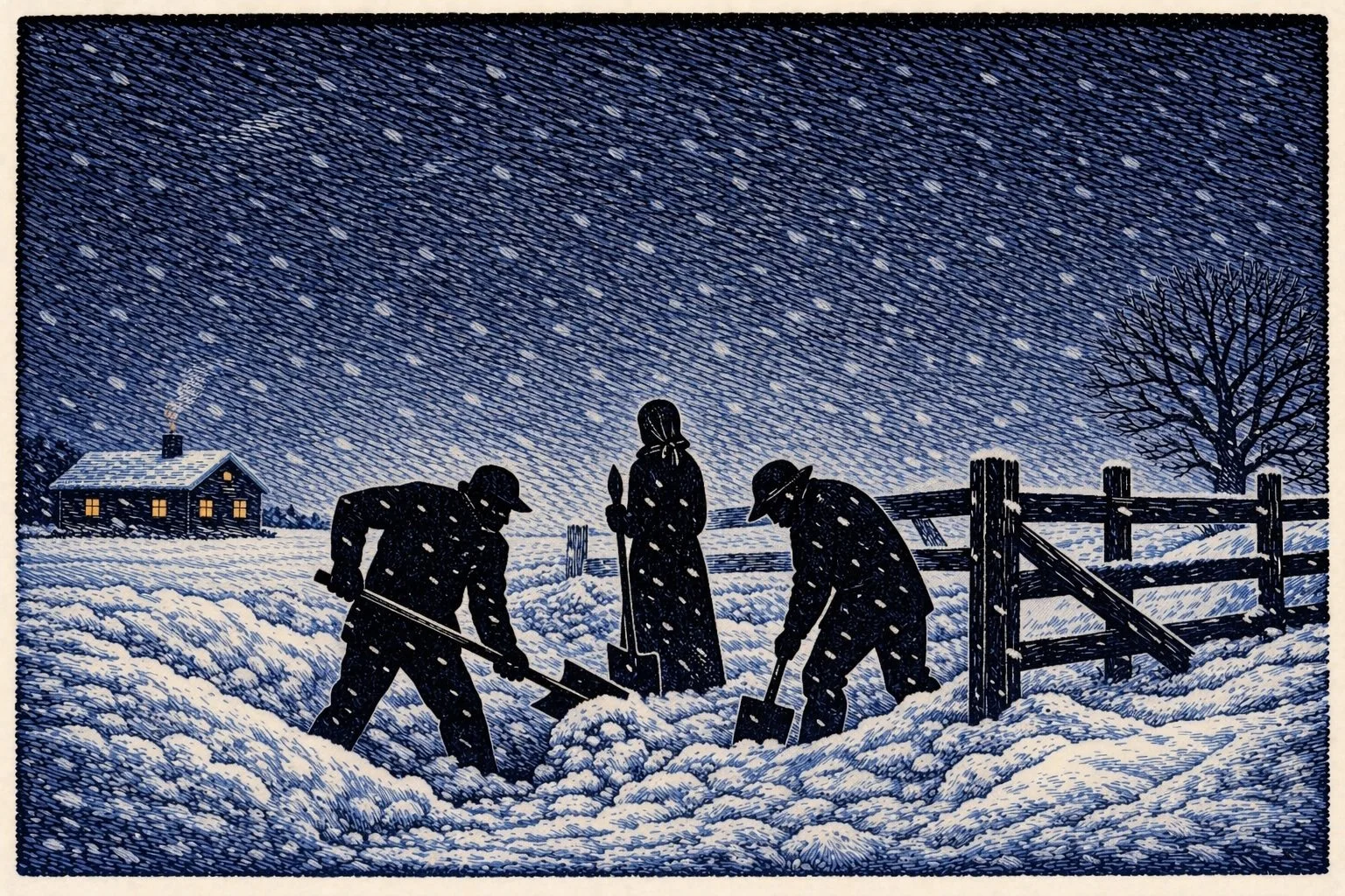 Three figures shovel a snow drift blocking a farm gate in a winter storm. Ruth stands upright in bonnet and long skirt between two men bent into their work. The farmhouse glows amber in the background. Limited colour woodcut illustration by Gregory R. Miller.