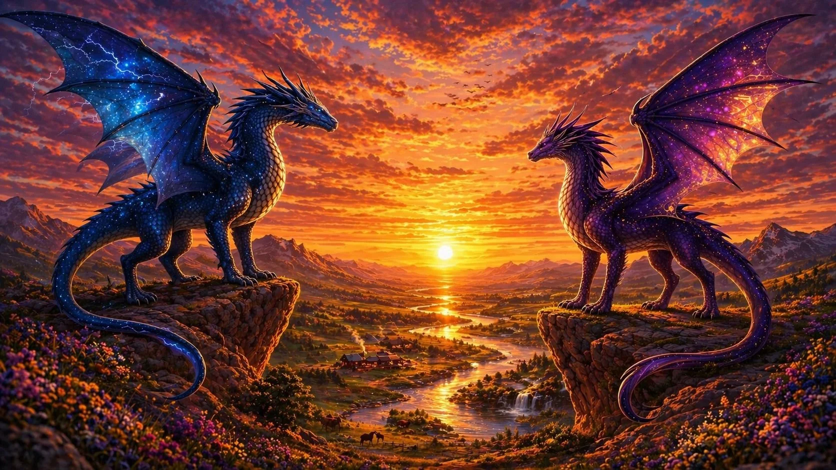 The Weatherdragon and Evenfall looking over a quiet prairie valley at evening, a farm and red barn below