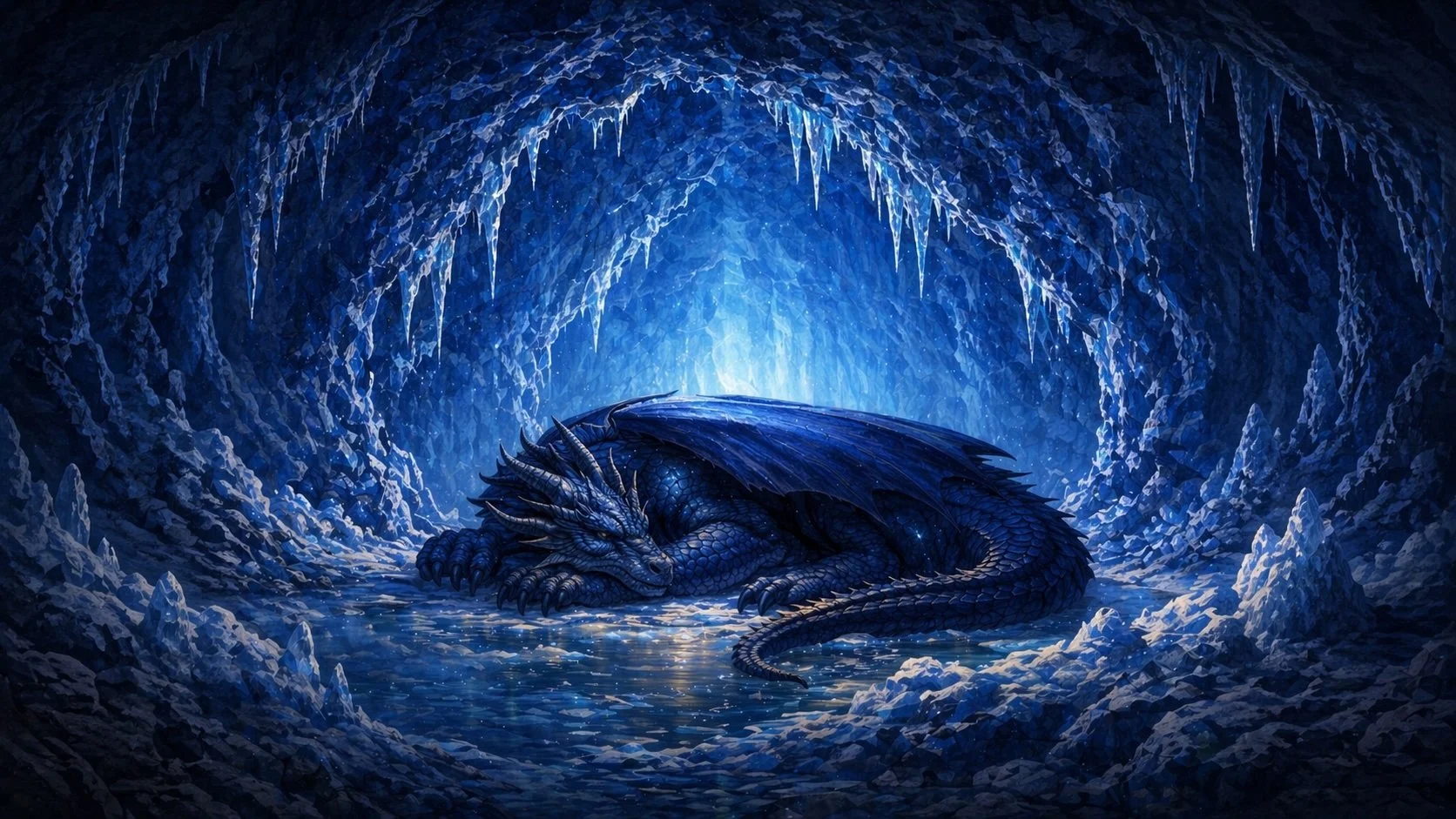 A great dragon sleeping deep within a cavern of blue ice beneath a glacier