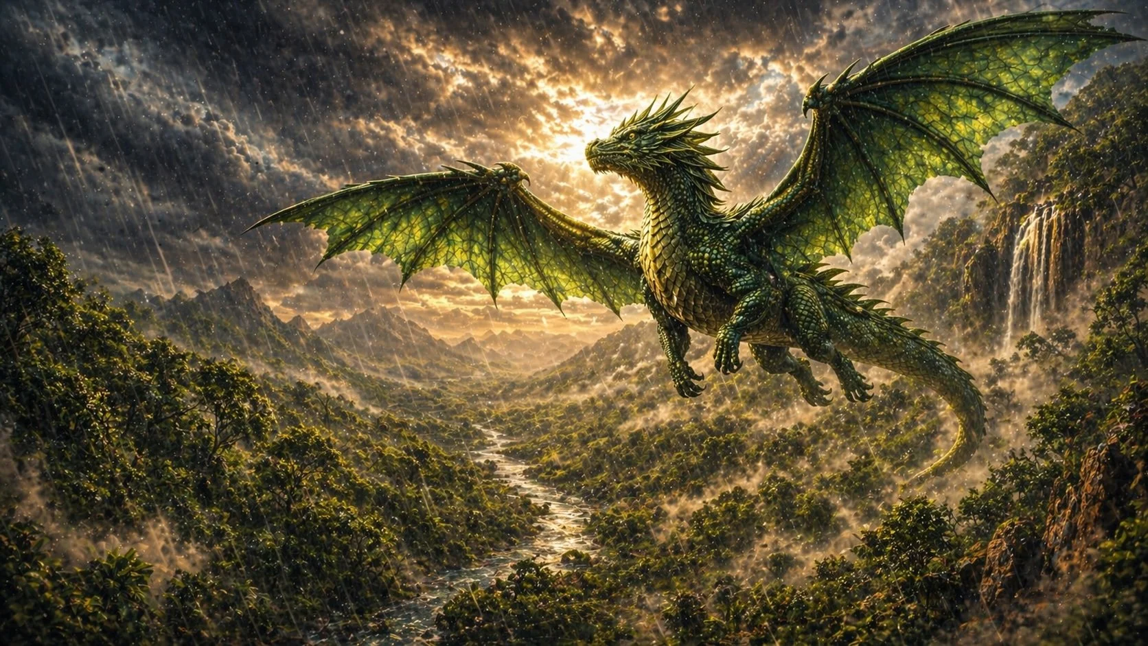 Monsera, an immense emerald dragon with silver-veined wings, emerging through storm clouds above a tropical forest